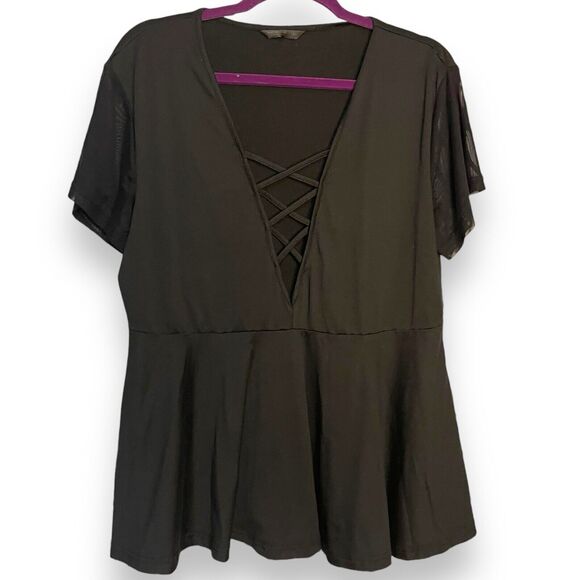 Shein Curve Peplum Blouse Women's 1X Black Casual Academia Sheer Sleeves V-Neck - Picture 5 of 9